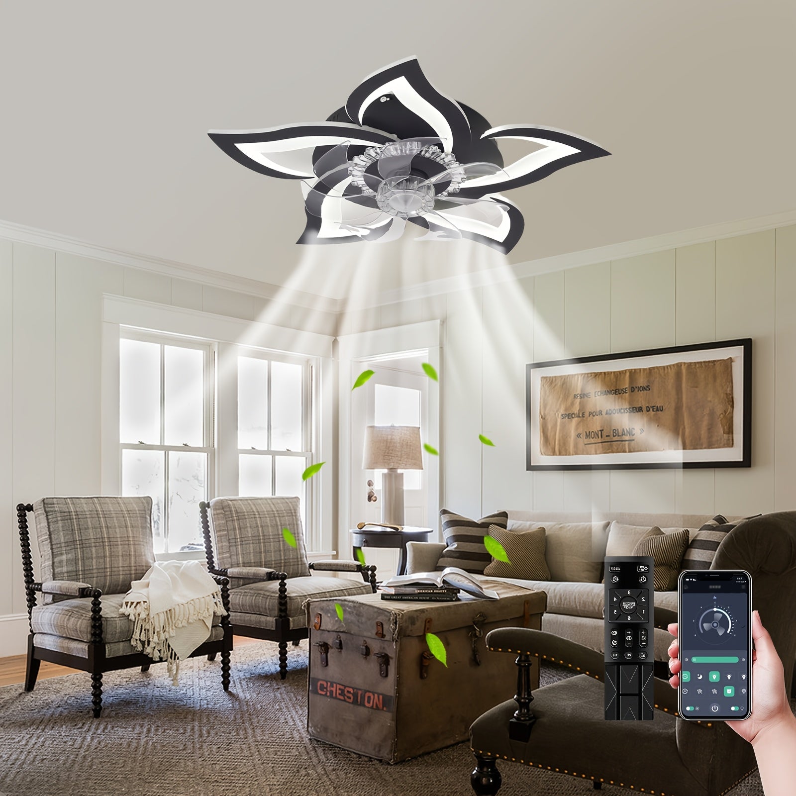 Low-Profile Remote Control Ceiling Fan, 3 Color Temperatures & 6 Speed Levels, Flush Mount Light Fixture. This 27-inch Petal-Shaped Modern Ceiling Light is Perfect for Living Room and Bedroom.
