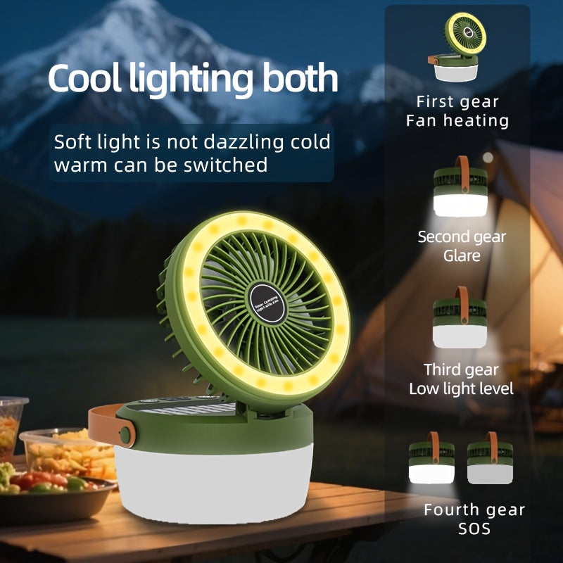 3000mAh Solar Camping Fan, Outdoor Fan with Solar Panel, Portable LED Light Fan, Handheld & Hanging Mini Fan, USB Rechargeable Quiet Fan with Emergency Power Bank, Ideal for Camping Picnic Barbecue Fishing, Supports Phone Charging