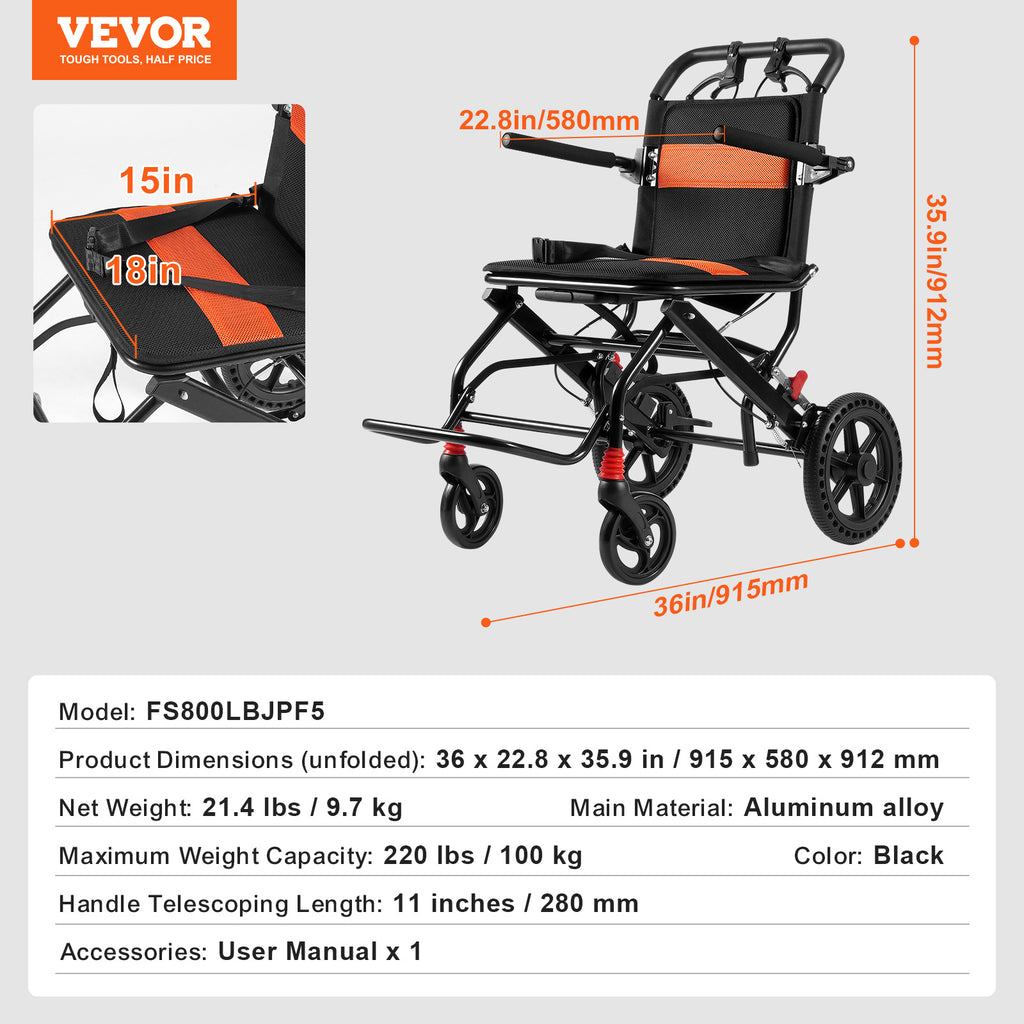 VEVOR 轮椅 铝合金/钢制 可折叠 转椅 15.75/18/24 英寸 座椅 220/300 磅