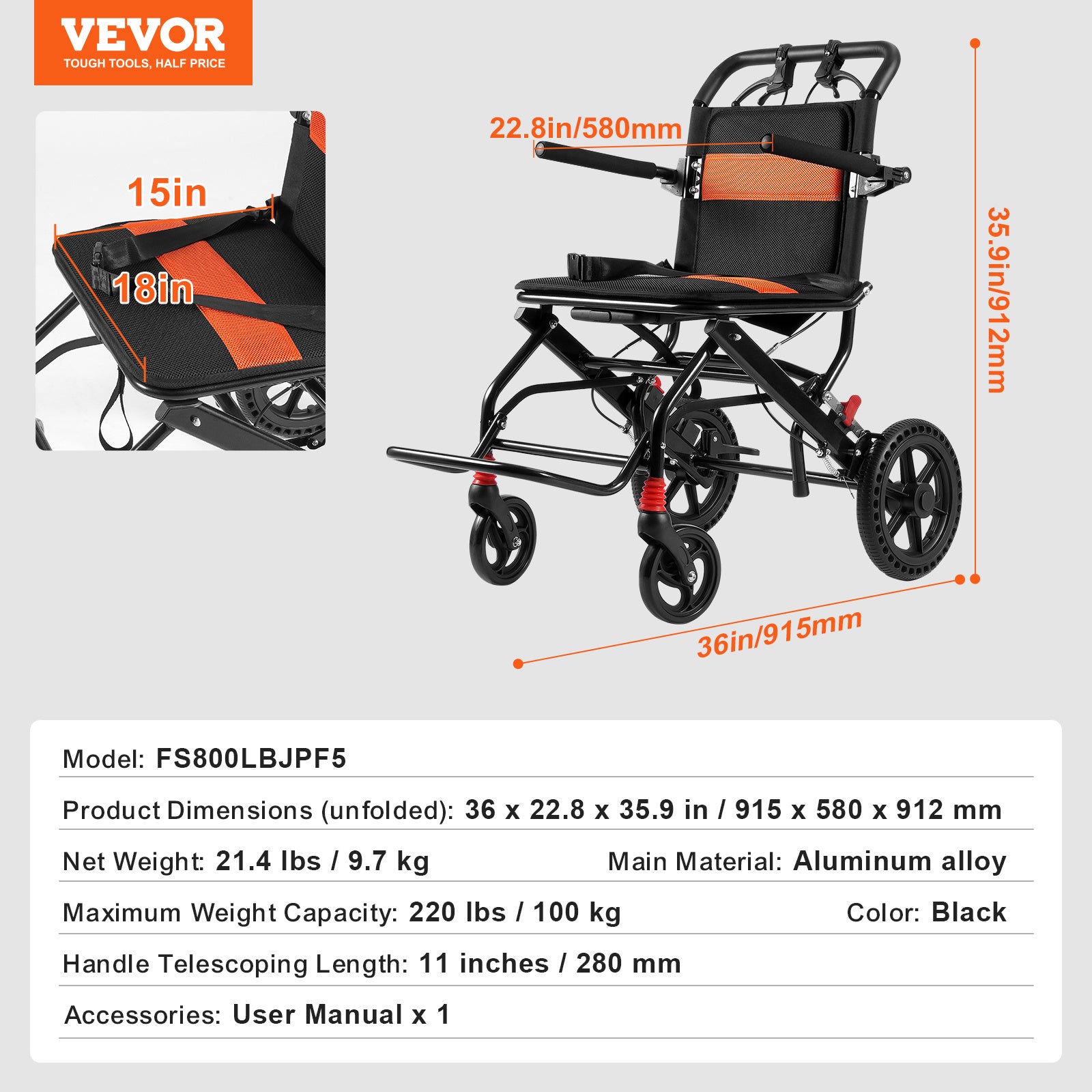 VEVOR 轮椅 铝合金/钢制 可折叠 转椅 15.75/18/24 英寸 座椅 220/300 磅