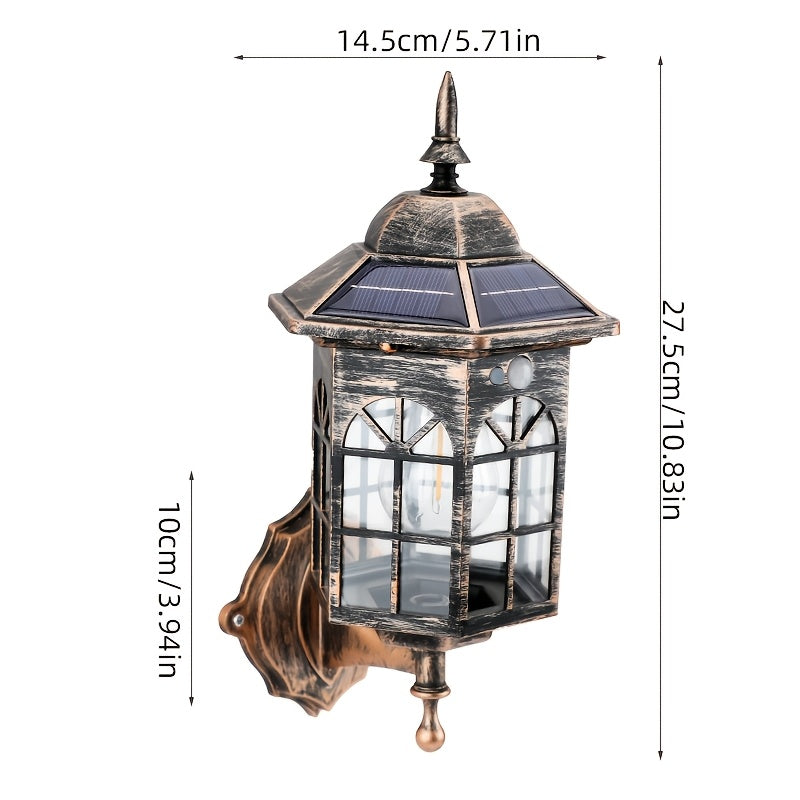 1-Pack Solar Outdoor Wall Light, Vintage European Medieval Style, Silicon Solar Panel, 1200mAh Lithium Battery, Motion Human Body Induction, 3 Modes, Semi-Flush Mount (Removable), Plastic Lampshade, Automatic Lighting