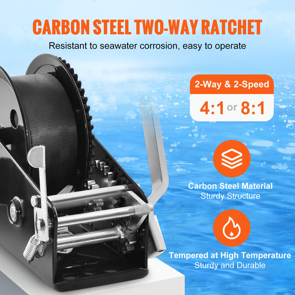 VEVOR Manual Winch, 1200 Lbs / 1600 Lbs / 2000 Lbs / 3500 Lbs Pulling Capacity, Boat Trailer Winch with 23FT Polyester Rope Strap and 2-Way Ratchet, Suitable for Trailers, Boats or ATV Towing