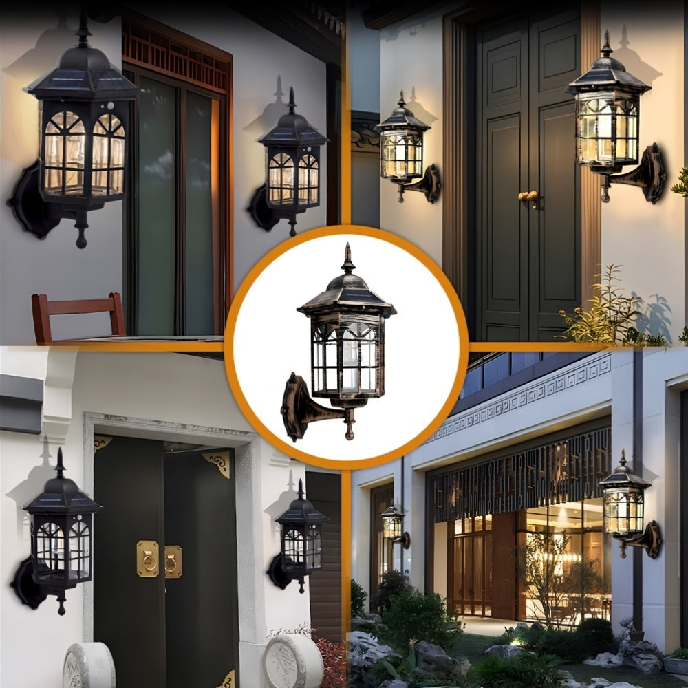 1-Pack Solar Outdoor Wall Light, Vintage European Medieval Style, Silicon Solar Panel, 1200mAh Lithium Battery, Motion Human Body Induction, 3 Modes, Semi-Flush Mount (Removable), Plastic Lampshade, Automatic Lighting