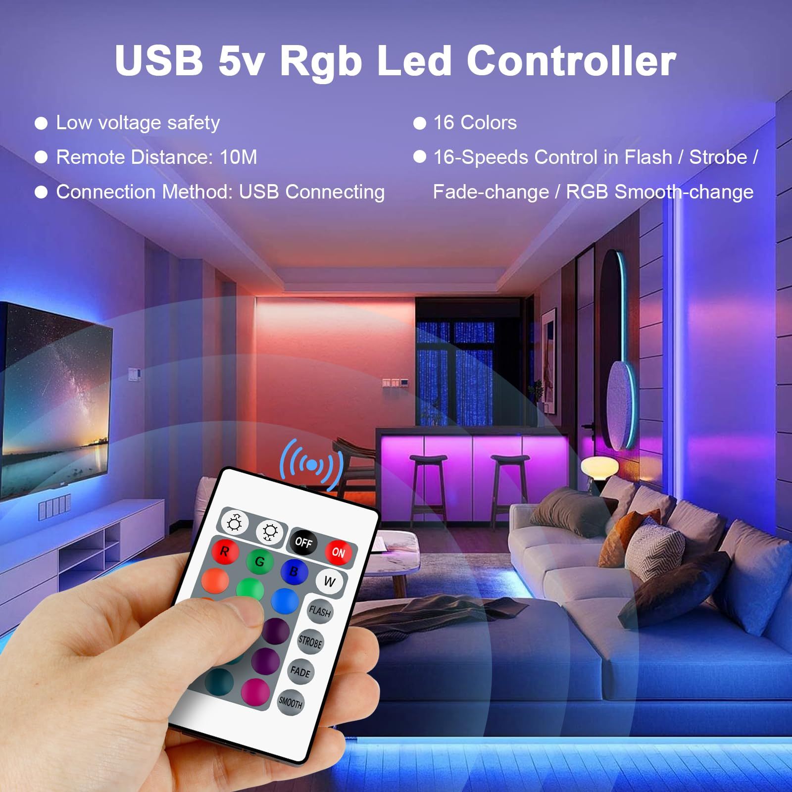 RGB 5050 LED灯带配24键控制器，变色发光LED灯串，39.37英寸至1574.8英寸LED灯带，适用于卧室、厨房、电视背景墙及节日装饰（圣诞节、万圣节、生日）