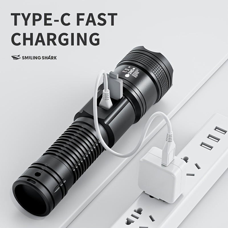 1Pc SMILING SHARK Rechargeable Flashlight, Super Bright Zoomable LED Spotlight with Digital Display, 3 Lighting Modes, Lightweight Portable Handheld Work Light, Type-C Charging, Model SD5242B, for Hiking Camping Fishing Outdoor Emergency