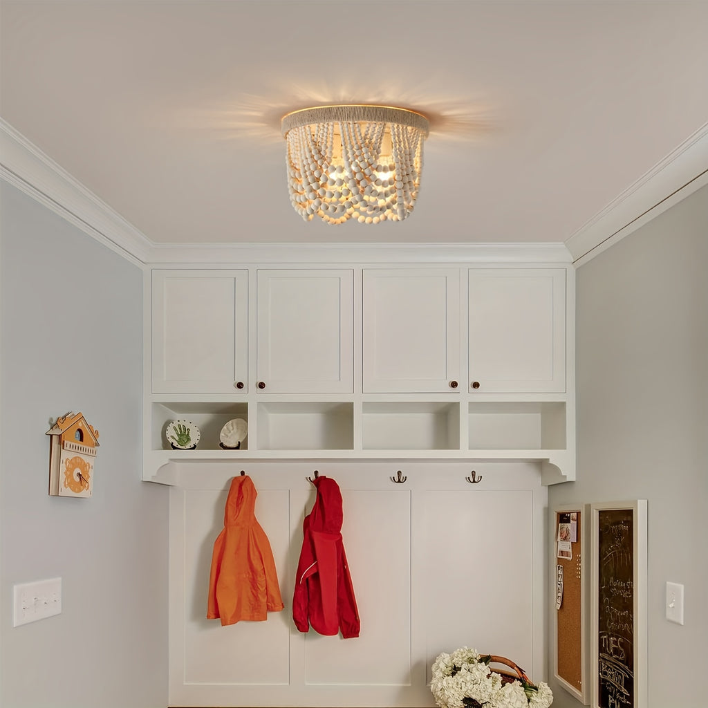 Bohemian Farmhouse Lighting, Wood Bead Pendant Light, Finished 3-Light Semi-Flush Mount Ceiling Light, Bedroom Rustic Mini Pendant Light, Hallway Bedroom Kitchen Living Room, E26 E27 Base (Bulb Not Included)