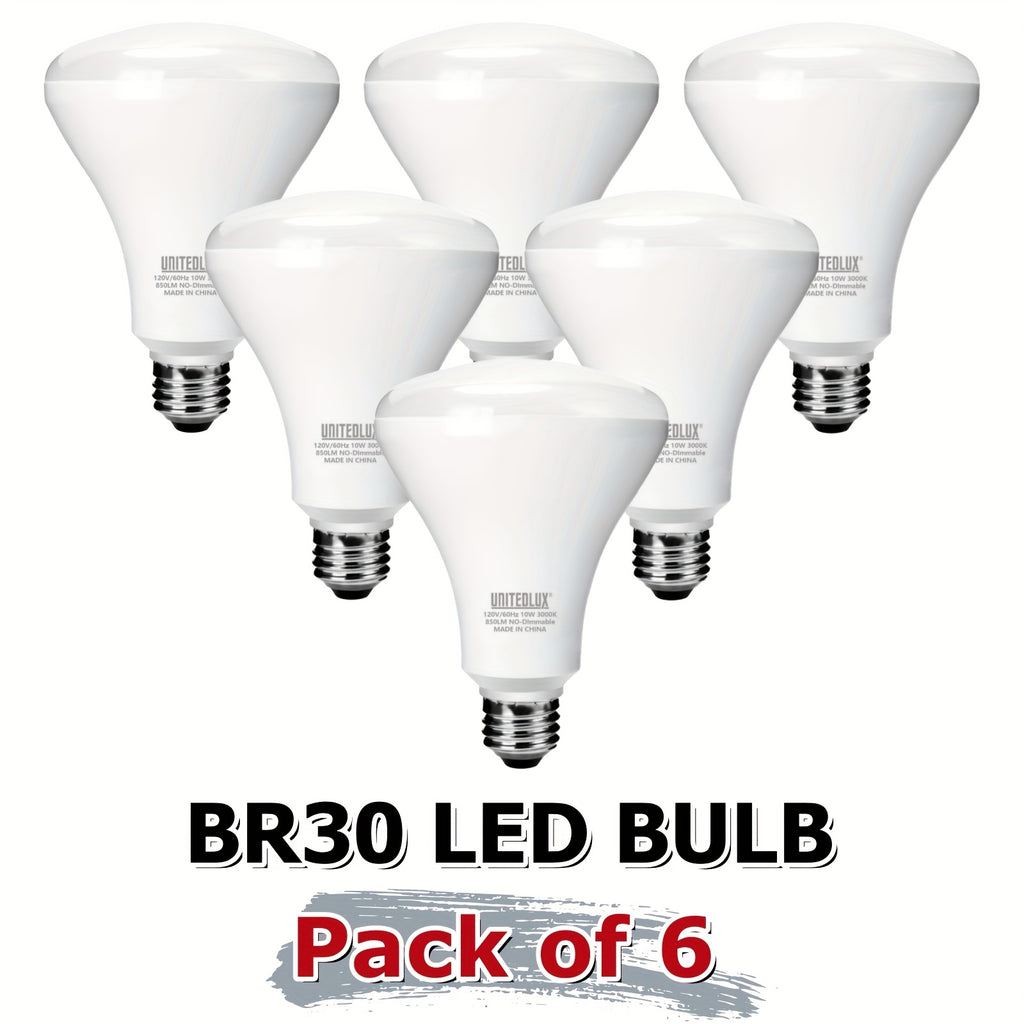 BR30 LED bulb 6-pack, E26 standard American screw base, 110-127V, 10W (equivalent to 65W) 850lm warm yellow light 3000K, non-dimmable, suitable for home, office, shopping mall, warehouse lighting, etc.