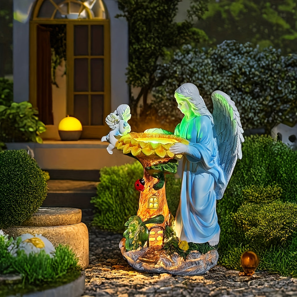 OTDECOR 1-Piece Solar Color Changing Light Angel and Cherub Garden Statue, Angel Outdoor Statue Sculpture, Resin Outdoor Decor with LED Lighted Tree House Base, Suitable for Patio and Backyard Lawn Decoration