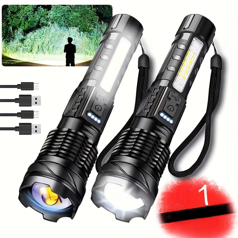 Set of 2 Rechargeable LED Flashlights, COB Floodlight, Powerful USB Charging, Matte ABS Material. They Deliver 150-350 Lumens Brightness, Battery-Powered with Lithium Battery, Perfect for Outdoor Activities Like Camping