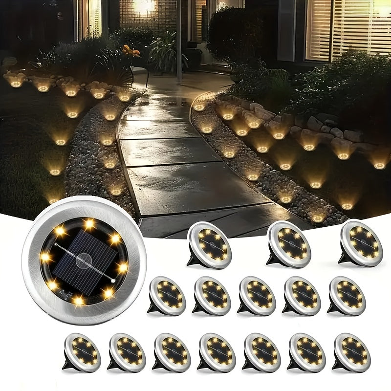 Solar Ground Spotlight Geometric Light, Stainless Steel Warm White Outdoor Landscape Light, 8LED Rotating Disc Light, Garden Viewing Light, Floor Lamp, Corridor Courtyard Patio Lawn Decorative Lighting, Solar Garden Light