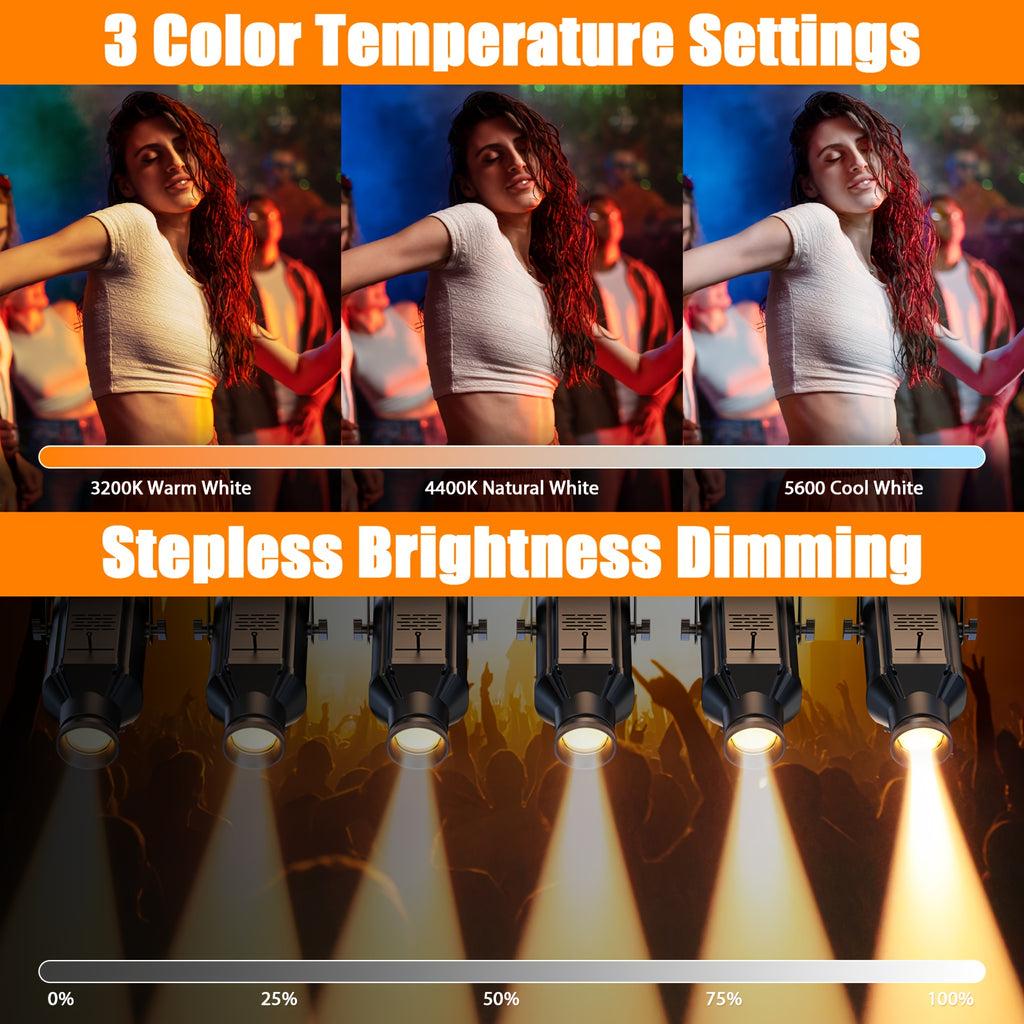 Compact stage light, featuring 150W warm/cool white COB technology, adjustable 3200K to 5600K, with zoom control and DMX512 compatibility. These 6-channel manual focus LED spotlights are perfect for performances and events.