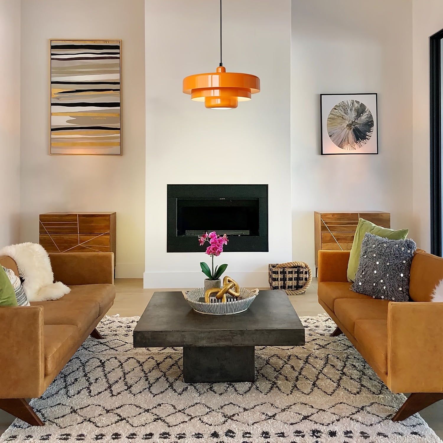 Large Retro Mid-Century Modern Pendant Light - Semi-Flush Mount Pendant Light, Suitable for Dining Room, Living Room, Bedroom, with Metal Bowl Shade, Dimmable Function, E26 Socket (Socket Sold Separately)