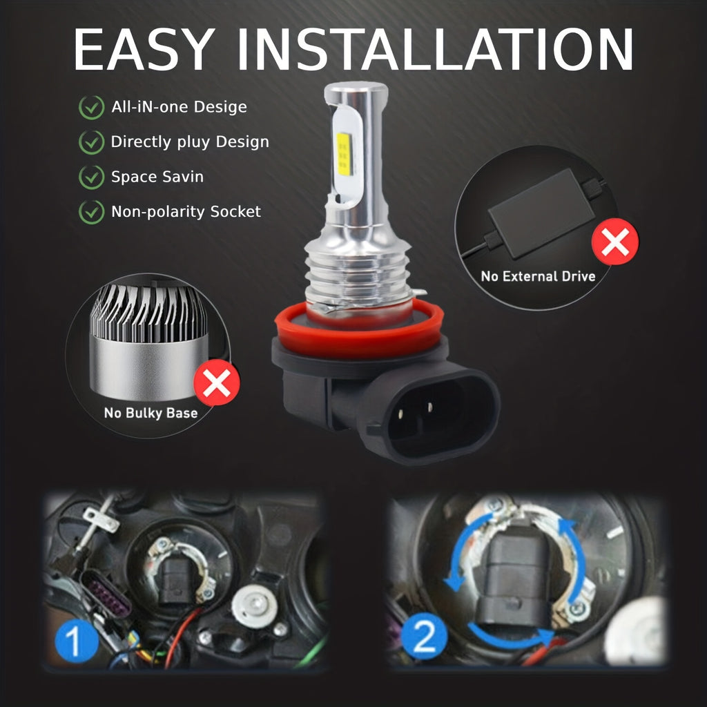 2-Pack H8 H9 H11 H16 LED Car Headlight Fog Light 6000K White 12V High/Low Beam Bulb Super Bright Driving Light, No Battery Included