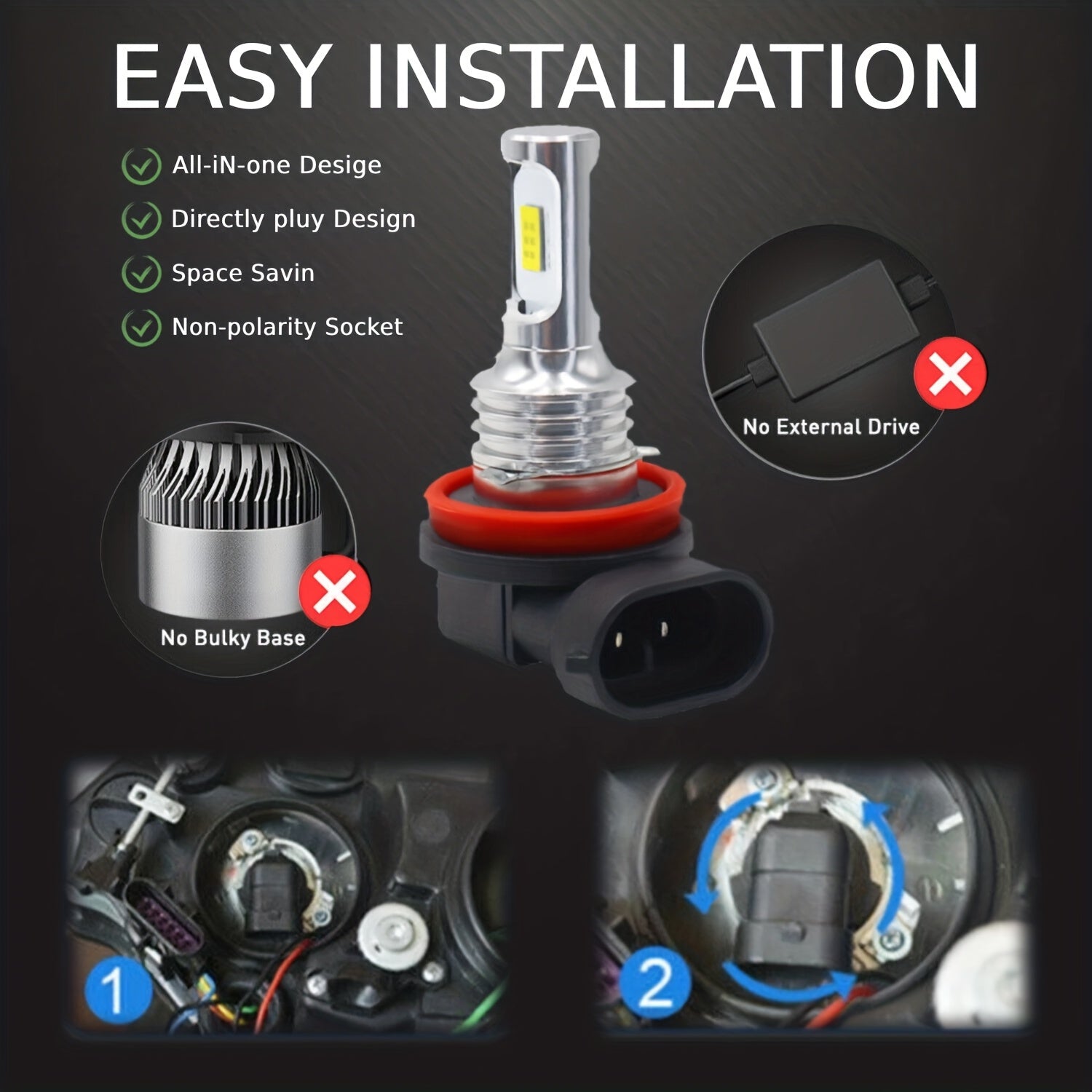2-Pack H8 H9 H11 H16 LED Car Headlight Fog Light 6000K White 12V High/Low Beam Bulb Super Bright Driving Light, No Battery Included