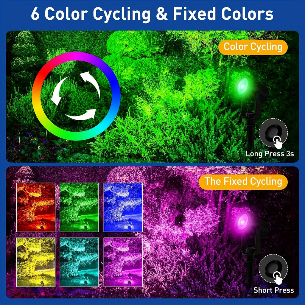 A set of outdoor solar spotlights suitable for Christmas and Halloween, with RGB color cycling, LED landscape lighting, 9.8 ft cable, separate solar panel, and dusk-to-dawn function, can be used to illuminate driveways, walkways, and pool areas