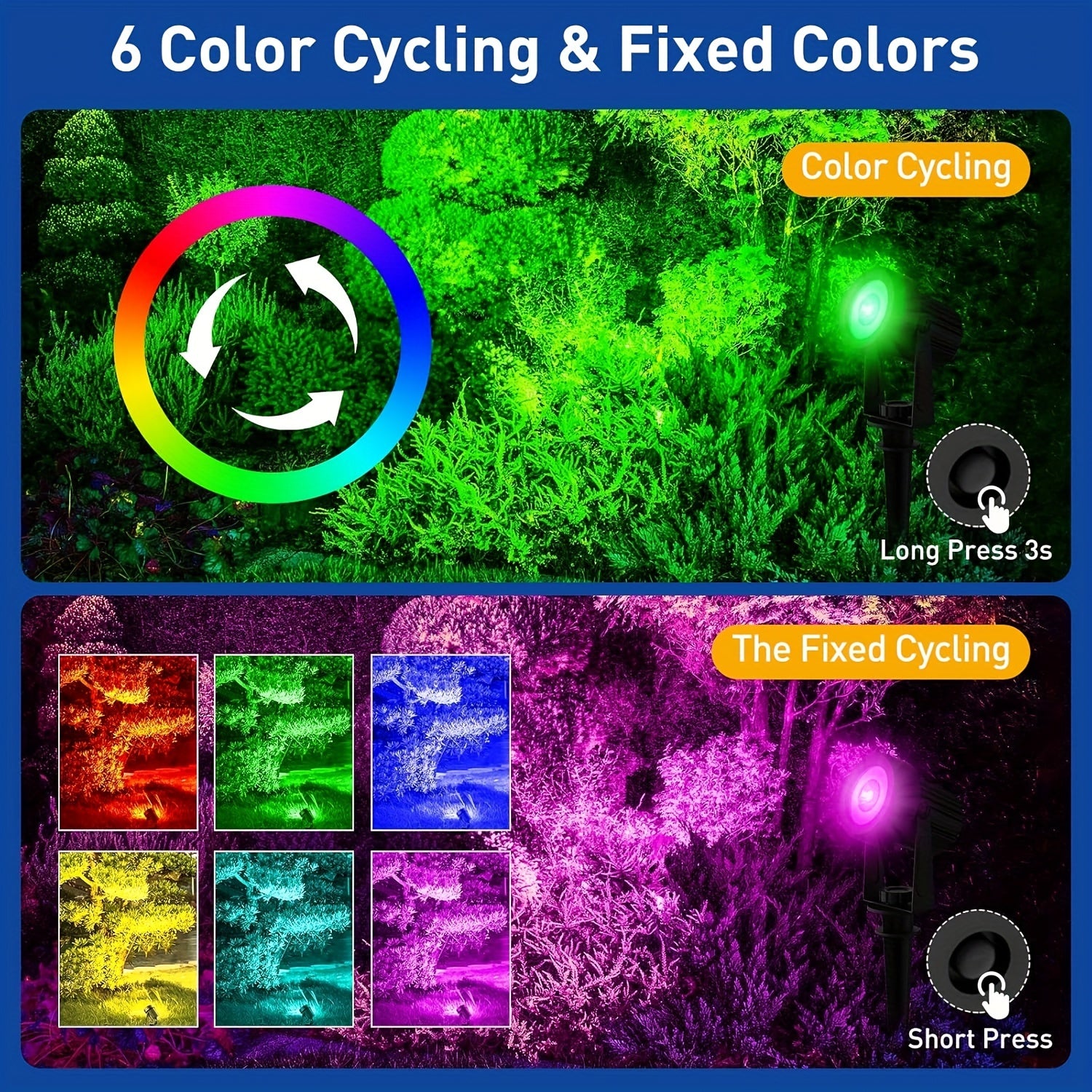 A set of outdoor solar spotlights suitable for Christmas and Halloween, with RGB color cycling, LED landscape lighting, 9.8 ft cable, separate solar panel, and dusk-to-dawn function, can be used to illuminate driveways, walkways, and pool areas