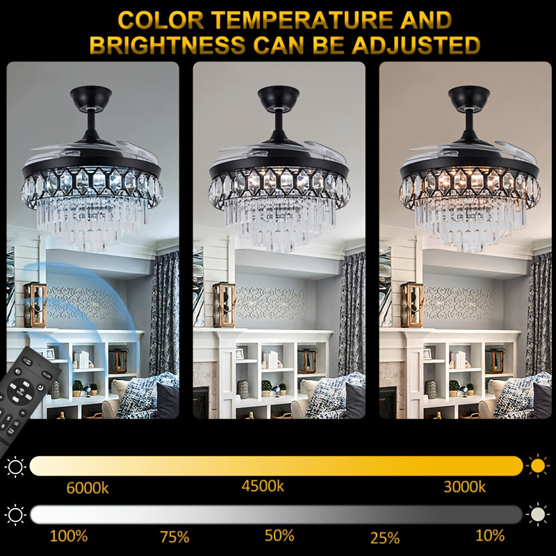 42 Inch Black Crystal Ceiling Light, Luxury Retractable Chandelier Fan with Music Player, 6-Speed Dimmable Chandelier, Ideal for Bedroom Living Room, Chandelier with Fan, Home Theater Lighting