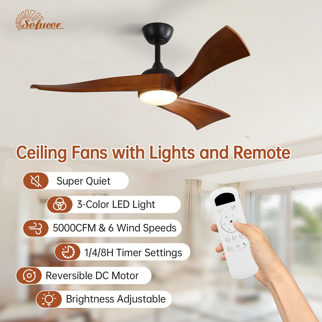 Sofucor 52 Inch Large Modern Ceiling Fan with Light, Smart Remote Control Ceiling Fan, 3 Solid Wood Blades, Reversible DC Motor, 6 Speed Settings, 1/4/8 Hour Timer, LED Lighting