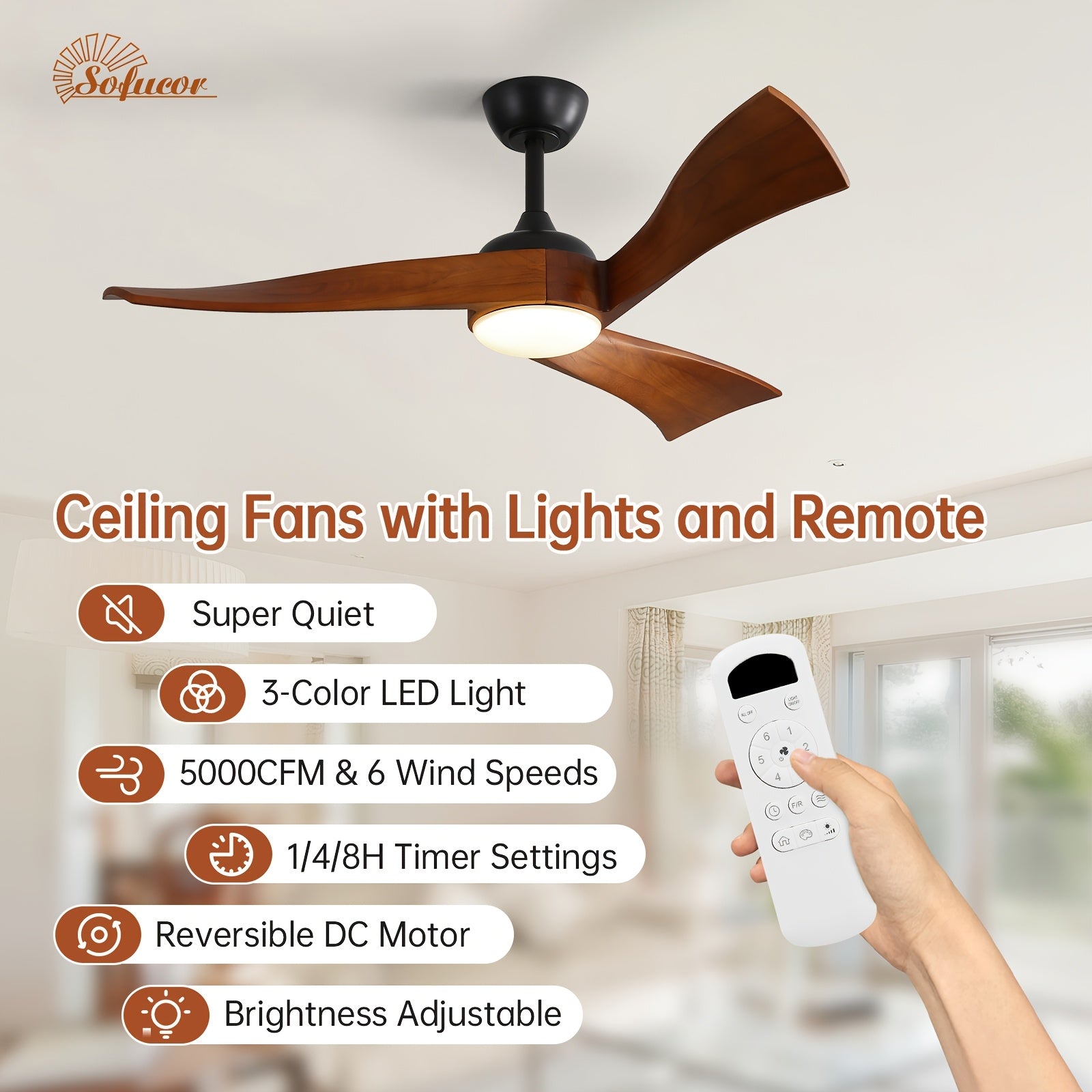 Sofucor 52 Inch Large Modern Ceiling Fan with Light, Smart Remote Control Ceiling Fan, 3 Solid Wood Blades, Reversible DC Motor, 6 Speed Settings, 1/4/8 Hour Timer, LED Lighting