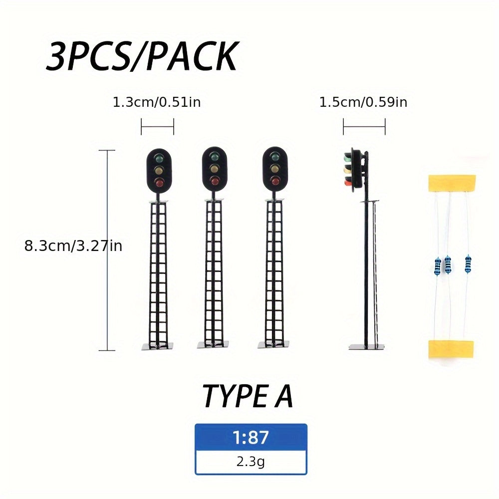 3-Pack HO Scale 1:87 12V Railway Track Signal Light, Green Red Yellow Square LED Traffic Light, 2-Light 3-Light Layout