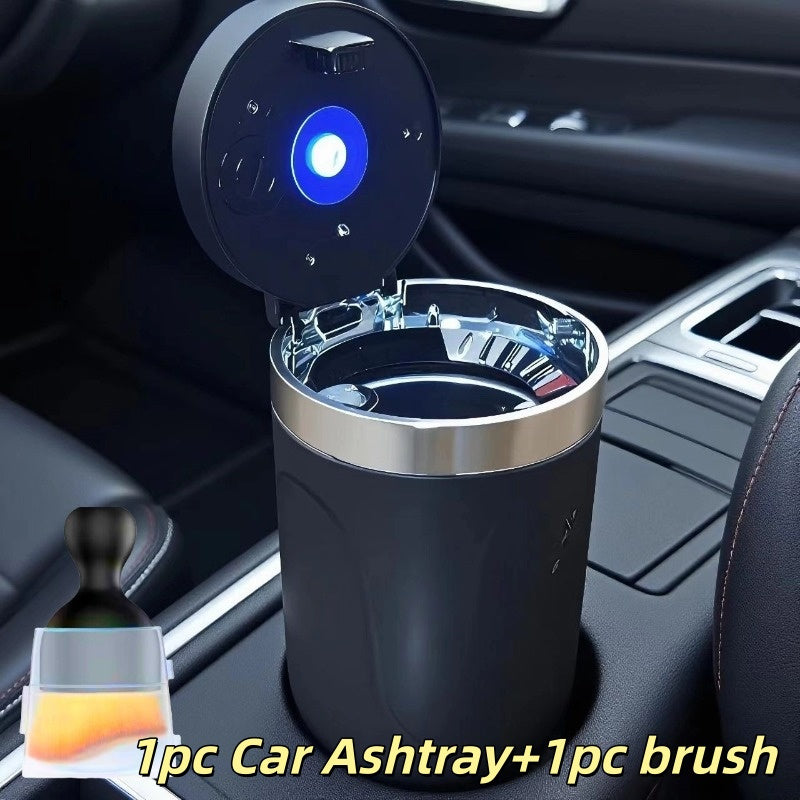 2pcs Car Ashtray / 1pc Car Ashtray + 1 Brush – Automatic LED Light Car Ashtray, Detachable Cleaning Brush, Portable Design, Easy to Install