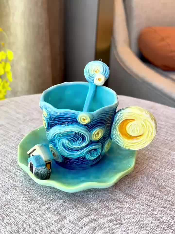 1 Set Ceramic Hand-Painted Van Gogh Classic Oil Painting Cup & Saucer Set, 1PC 3D Handmade Starry Sky, Almond Blossom, Sunflower, Iris Tea Cup & Coffee Cup, 1PC Round Saucer, 1PC Spoon, Exquisite Table Décor