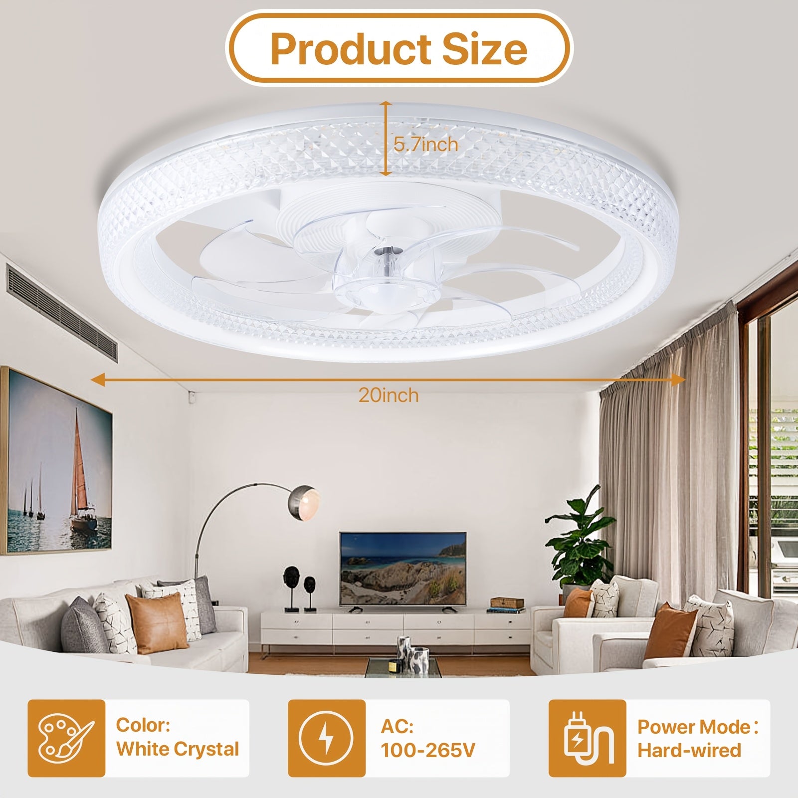 Remote Control Ceiling Fan with Light, 20 Inch Flush Mount Bladeless Ceiling Fan, 3000K-6500K Stepless Dimmable LED Light, 6 Wind Speed Levels, Modern Style Fan Light, for Bedroom, Kitchen, Living Room