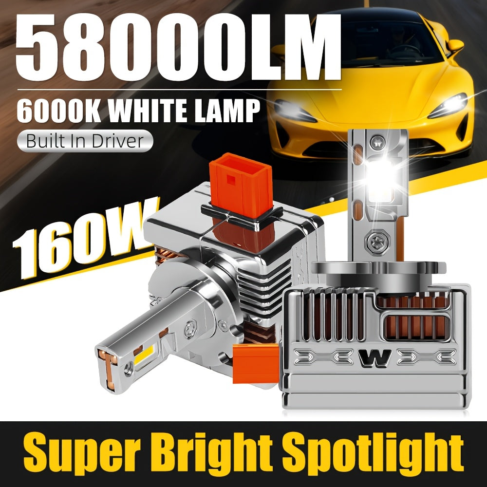 2-Pack Newest Car LED Headlight Bulbs D1S D2S D3S D4S D5S D8S High/Low Beam 160W Super Bright White 6000K CSP Chip Canbus, Each with Copper Tube and Fan, Plug-and-Play