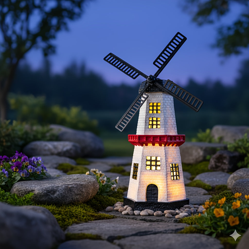 One Piece Windmill Lighthouse Statue Light, Solar Powered Glowing Lighthouse-Like Decorative Ornament with Windmill, Perfect for Outdoor Courtyard Patio Lawn Pathway Garden Tabletop Festival Decoration Ornament Christmas