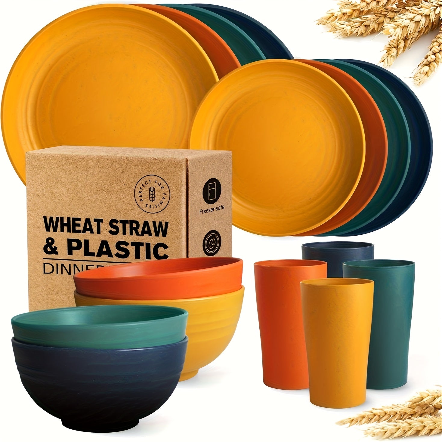 16/32Pcs Wheat Straw Plastic Tableware Set 4/8 Person Unbreakable Dinner Plate Dessert Plate Cereal Bowl Cup Outdoor Camping Family Birthday Party Tableware