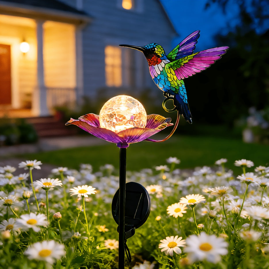 Hummingbird Glass Globe Flower Solar Outdoor Light, Beautiful Hummingbird Decorative Light, Fun Hummingbird Flower Glass Globe Light