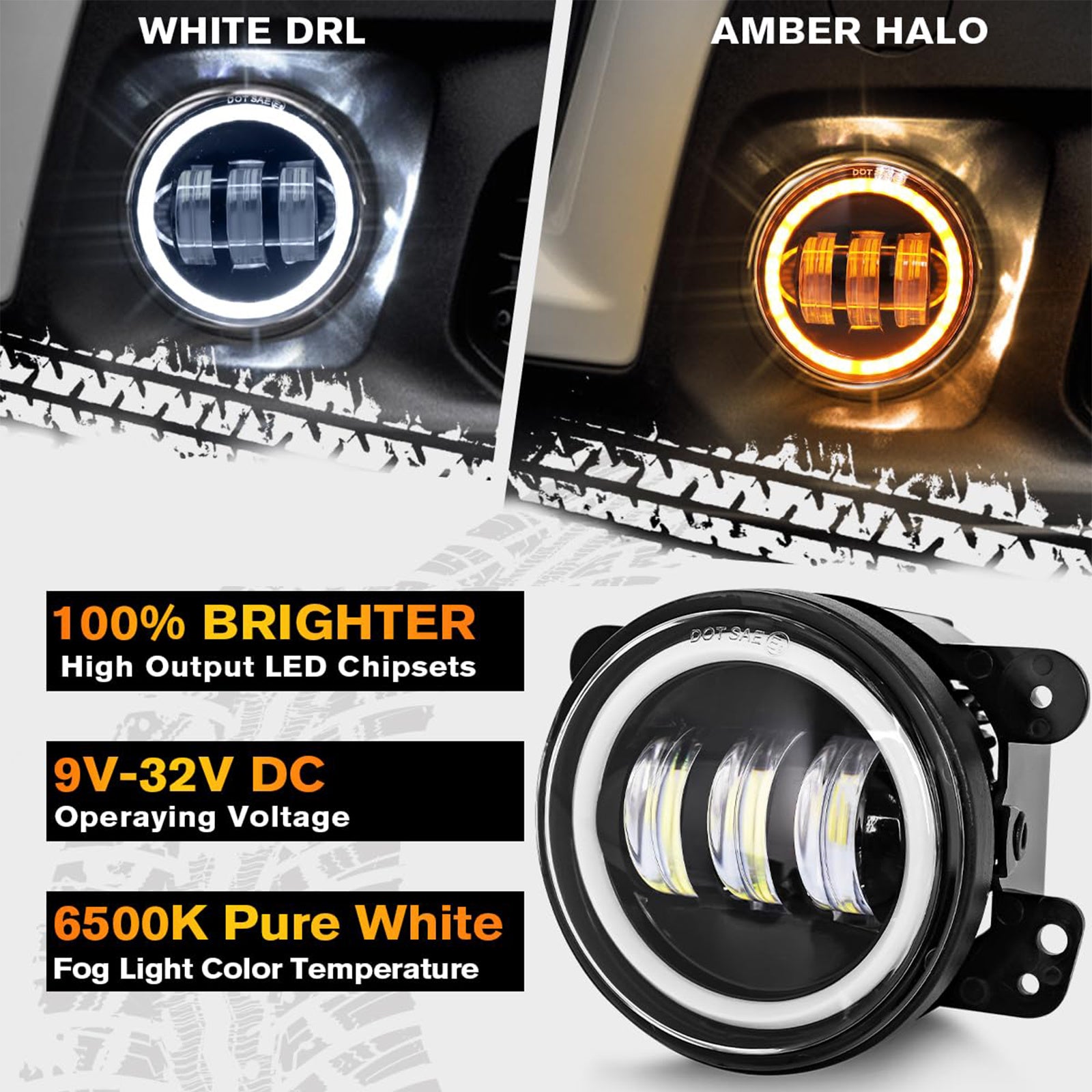 4英寸 LED 雾灯，带白色天使眼环，专为 JEEP Wrangler JK Unlimited JKU 2007-2018 年款设计，包括白色日间行车灯和琥珀色转向信号灯