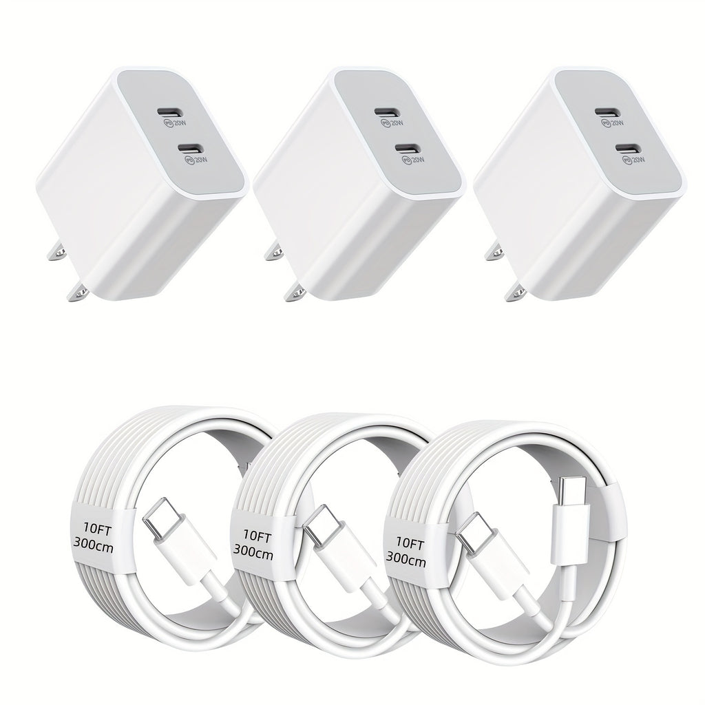 for iPhone 15 Charger Fast Charging, 3Pack 20W Dual Port USB C Charger Block with 10ft Long USB C to C Charging Cord Compatible for iPhone 15/15 Plus/15 Pro/15 Pro Max, iPad Pro/Air/Mini