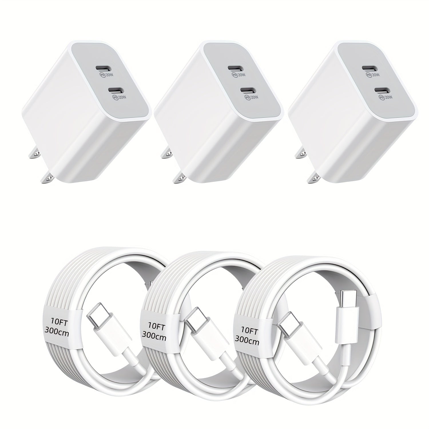 for iPhone 15 Charger Fast Charging, 3Pack 20W Dual Port USB C Charger Block with 10ft Long USB C to C Charging Cord Compatible for iPhone 15/15 Plus/15 Pro/15 Pro Max, iPad Pro/Air/Mini