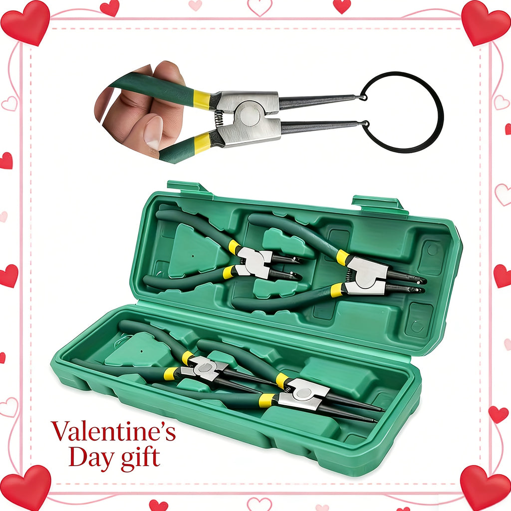 4pcs Professional Card Snap Ring Pliers Set, 7 Inch Heavy Duty Ring Stopper, Straight/Bent Nose, Chrome Vanadium Steel, Type C Clip for Internal/External Ring Removal, Metal Construction, Card Repair Tool | Professional Pliers Set