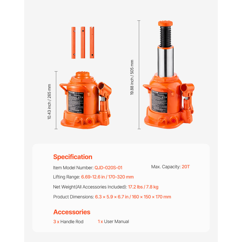 VEVOR Hydraulic Bottle Jack – 20 or 50 Ton Heavy-Duty Lifting Jack, Manual & Pneumatic Dual-Mode High-Lift Jack for Cars, Trucks, SUVs, RVs, Auto Repair Shops