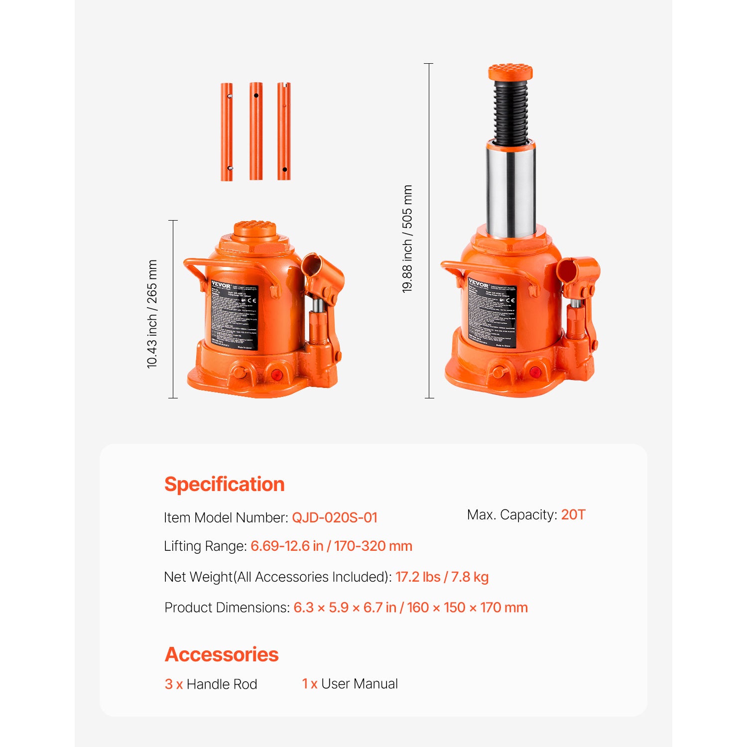 VEVOR Hydraulic Bottle Jack – 20 or 50 Ton Heavy-Duty Lifting Jack, Manual & Pneumatic Dual-Mode High-Lift Jack for Cars, Trucks, SUVs, RVs, Auto Repair Shops