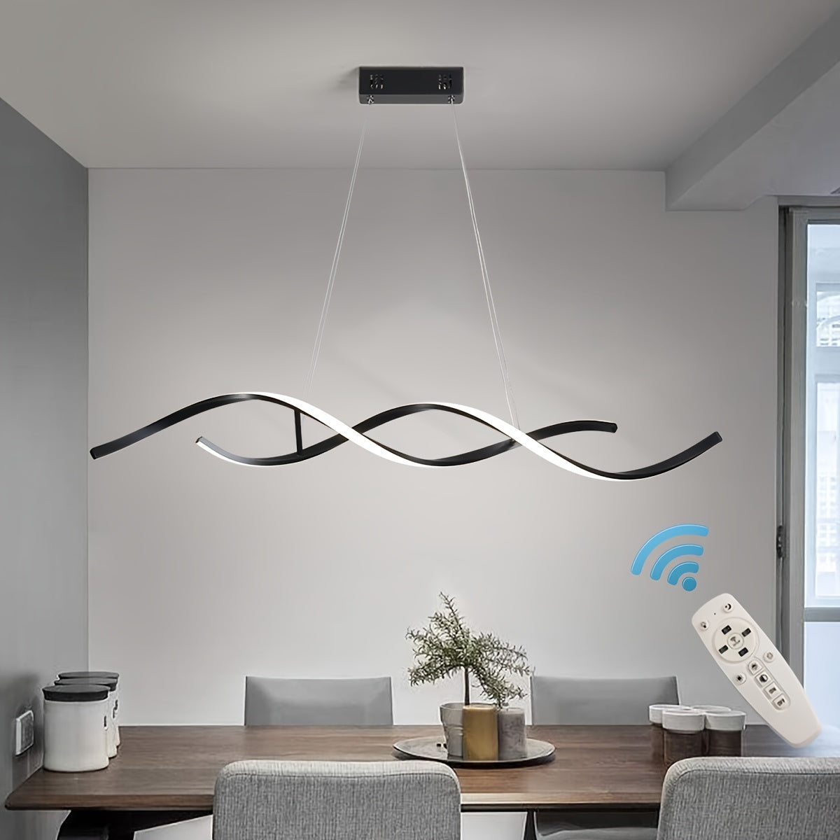 Qcyuui adjustable height hanging light fixture, modern pendant lighting adjustable wave-shaped flush-mount LED pendant light, with remote control, suitable for dining room, kitchen island, living room, kitchen lighting, home lighting