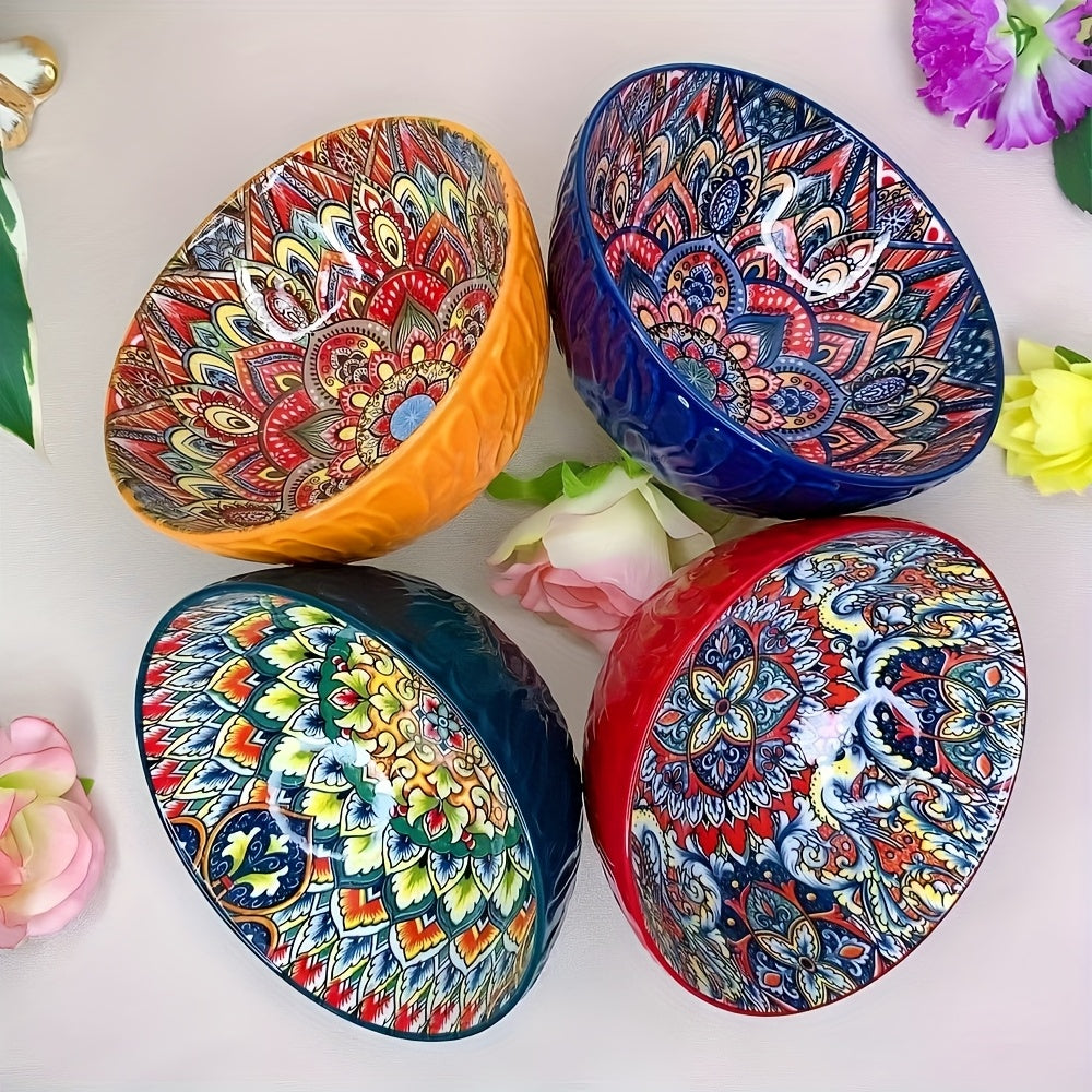 4-Piece Bohemian Style Ceramic Bowl Set, 6.5-Inch, Pattern Design, Striped Salad Bowl, Multi-Purpose – Perfect for Cereal, Soup, Oatmeal, Pasta Bowl, Large Salad Bowl