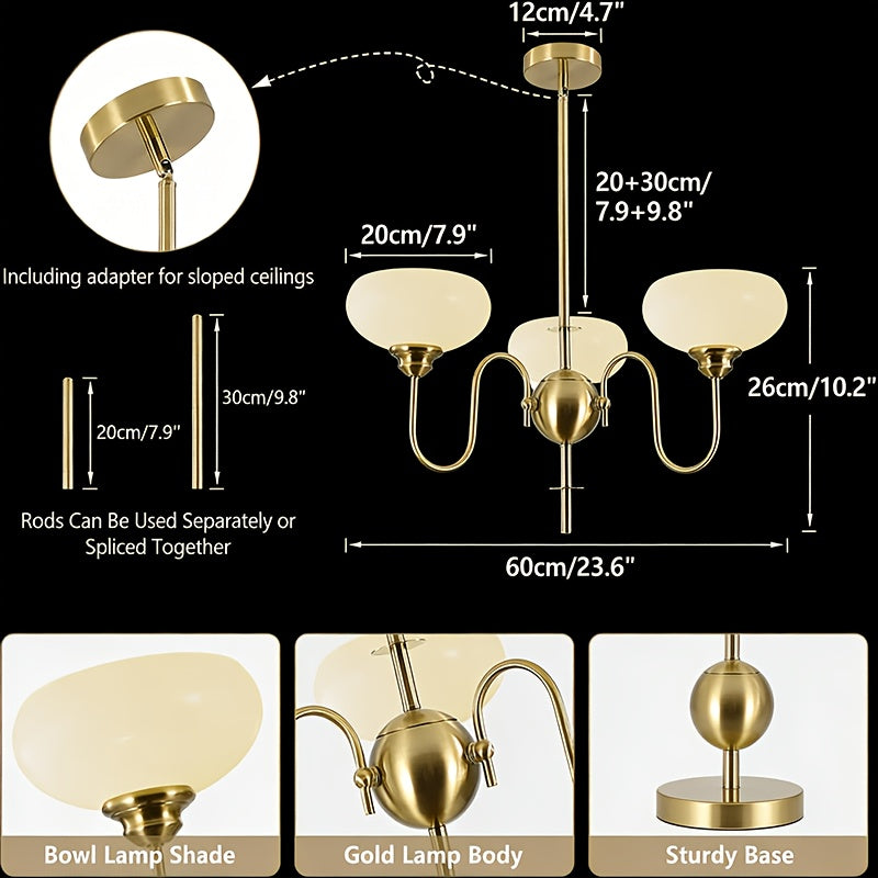 Elegant Gold Three-Light Pendant Light, Mid-Century Modern Chandelier with Opal Glass Shade, Adjustable Hanging Ceiling Light, Suitable for Dining Table and Living Room