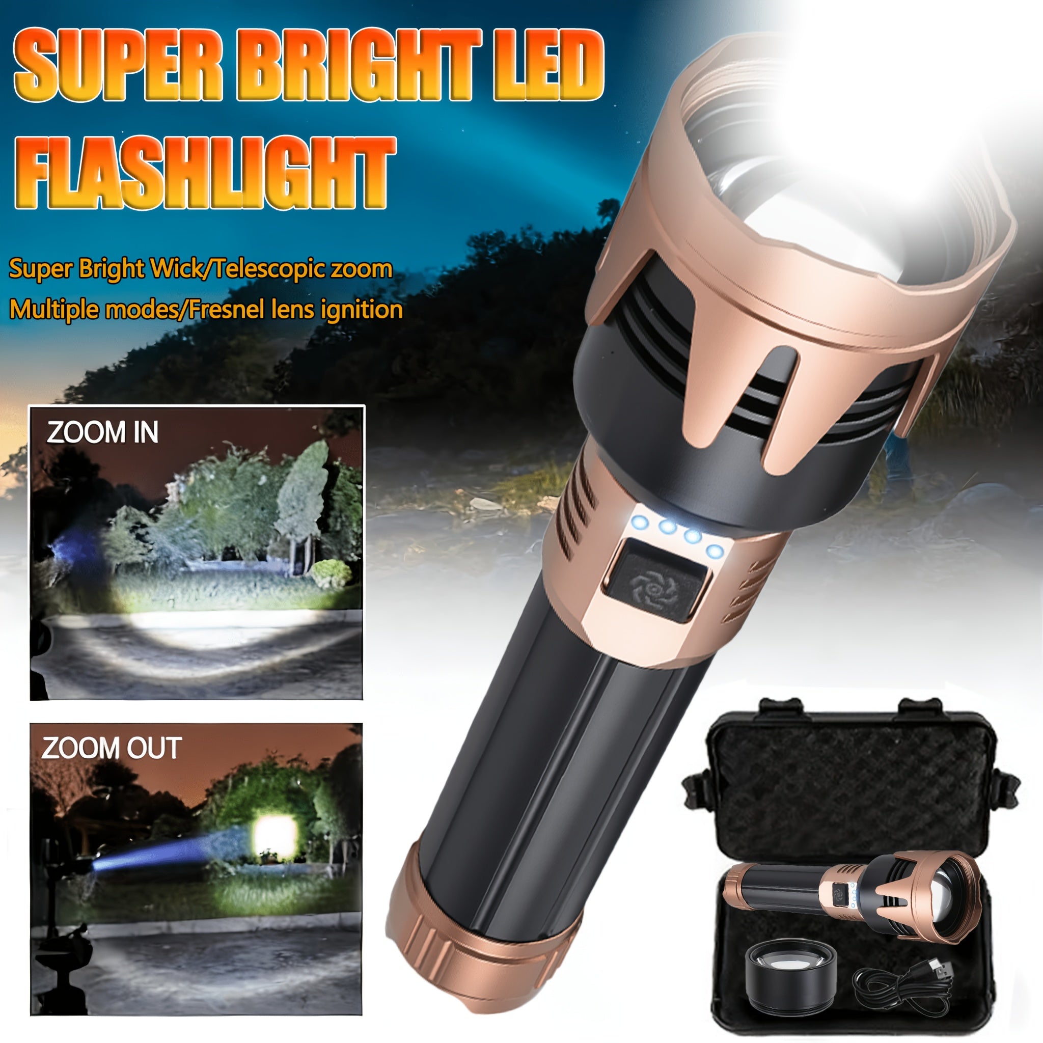 All-Aluminum Flashlight, Includes Small Storage Pouch, Equipped with Durable 5000mAh Battery, Zoomable Lens, Fresnel Lens Ignition Function, A Great Gift Idea. Features a Hands-Free Lanyard Design