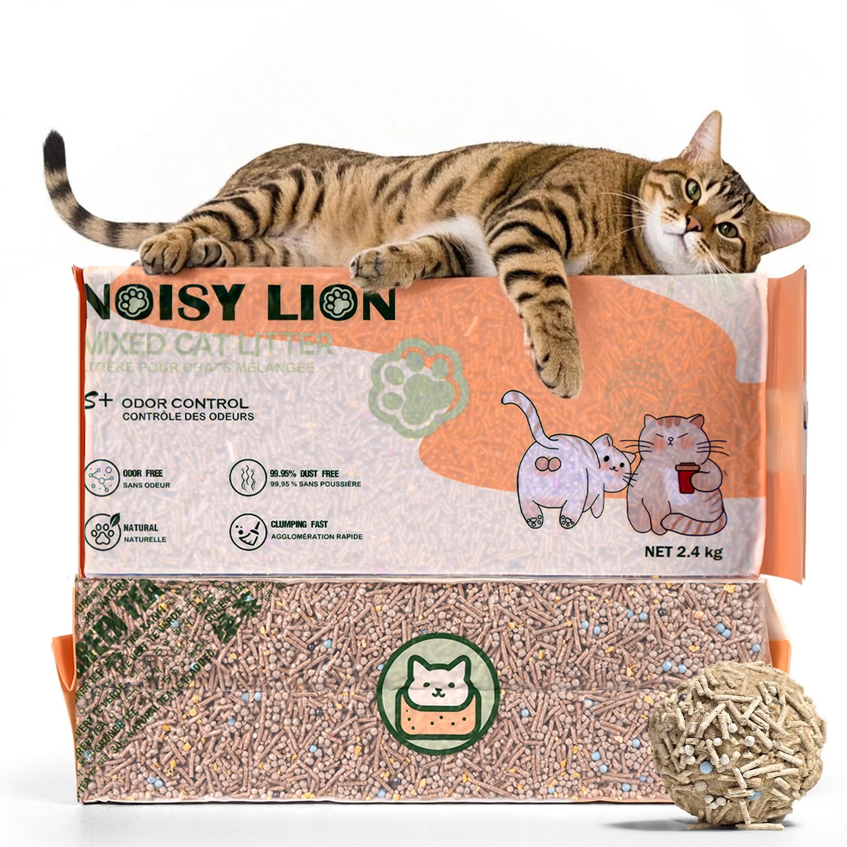 喧闹狮子绿茶猫砂——卓越除臭、可冲水、超强吸水、速干强粘结、天然成分、无尘猫砂