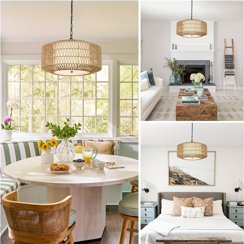 Farmhouse pendant light, 1/5-light bohemian woven pendant light, dining room light fixture with fabric lampshade, hand-woven large lampshade suitable for kitchen, bedroom, island, hallway, dining room light fixture (bulb not included!!!)