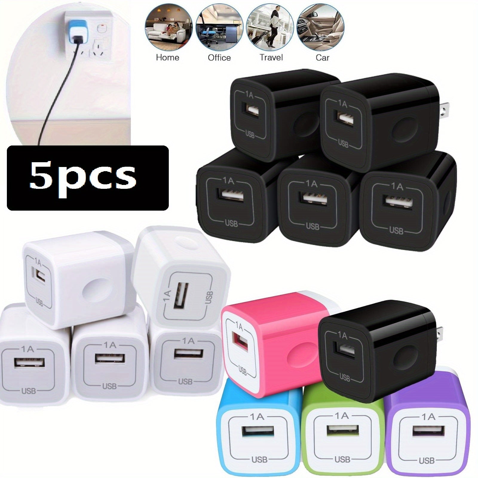 [5pcs-1Port 5W] USB Charger Wall Plug, Outlet AC Power Adapter Block Cube for iPhone, for iPad, for Samsung, for Android or Type A Phones Charge Multiple USB Hub Station Base