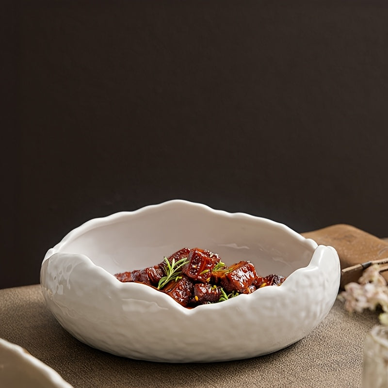 1 Piece Irregular Ceramic Deep Plate, Salad Bowl, Dessert Bowl – Perfect for Hotels, Restaurants & Home Use – Ideal for Salad, Soup, Dinner, Side Dishes, Noodles & Pasta