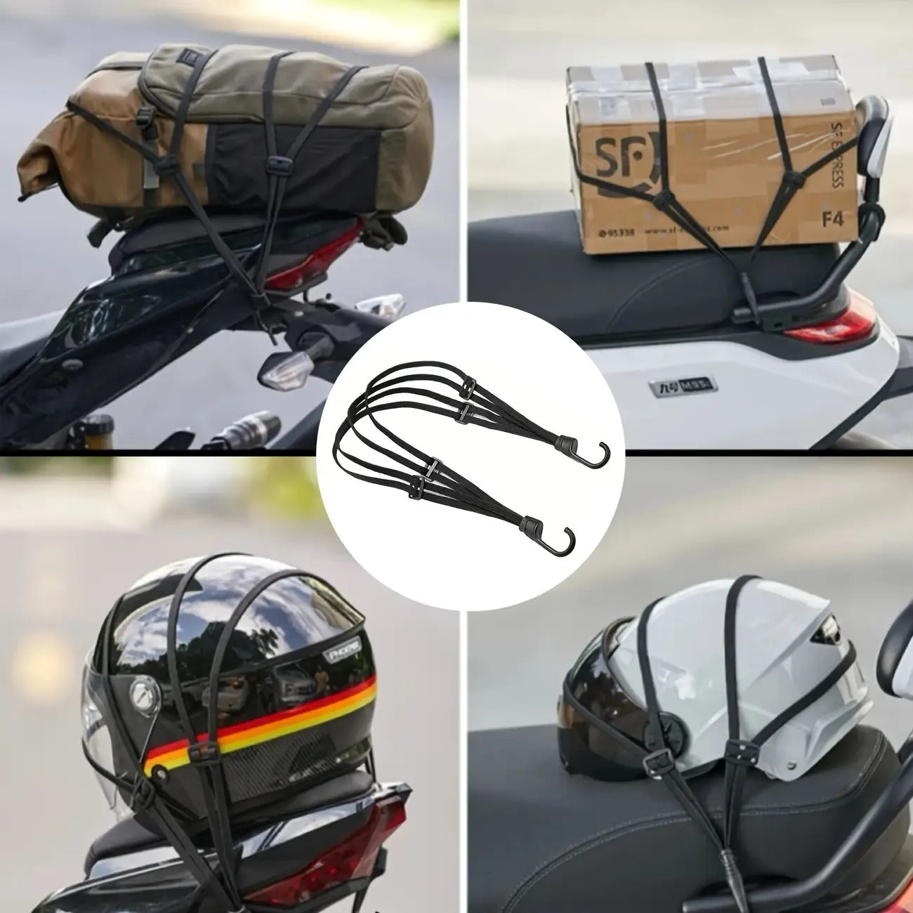 Bungee Cargo Net with Hooks – Elastic Motorcycle & Bike Helmet Net – Black Mesh Luggage Organizer for Secure Storage