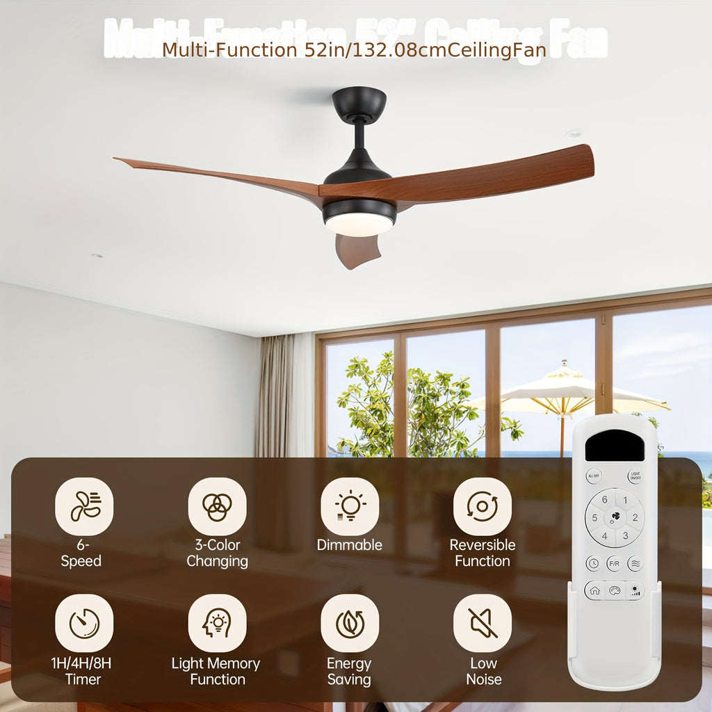 Sofucor Modern Ceiling Fan with Light, 52 Inch, Remote Control, 3 ABS Blades, 3 Color Options, 1/4/8 Hour Timer, 6 Speed Settings, Bright Ceiling Light, for Bedroom, Living Room, Indoor Outdoor