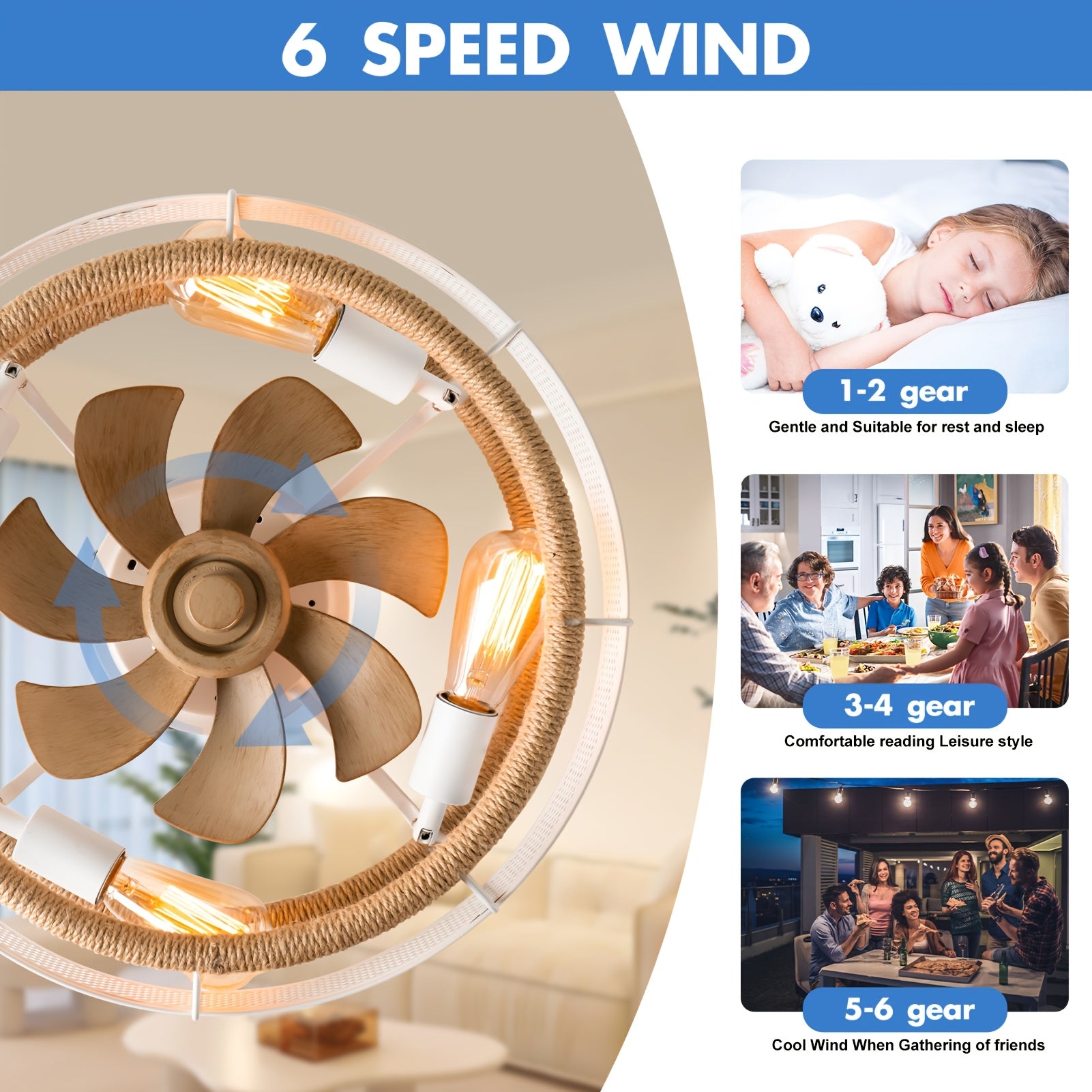 19.7 Inch Bohemian Ceiling Fan with Lights & Remote - Low-Profile Rattan Farmhouse Design, 6-Speed Leafless Fan, Matte Metal Finish, Infrared Remote, for Bedroom/Living Room/Kitchen (Black/White, Bulbs Not Included)