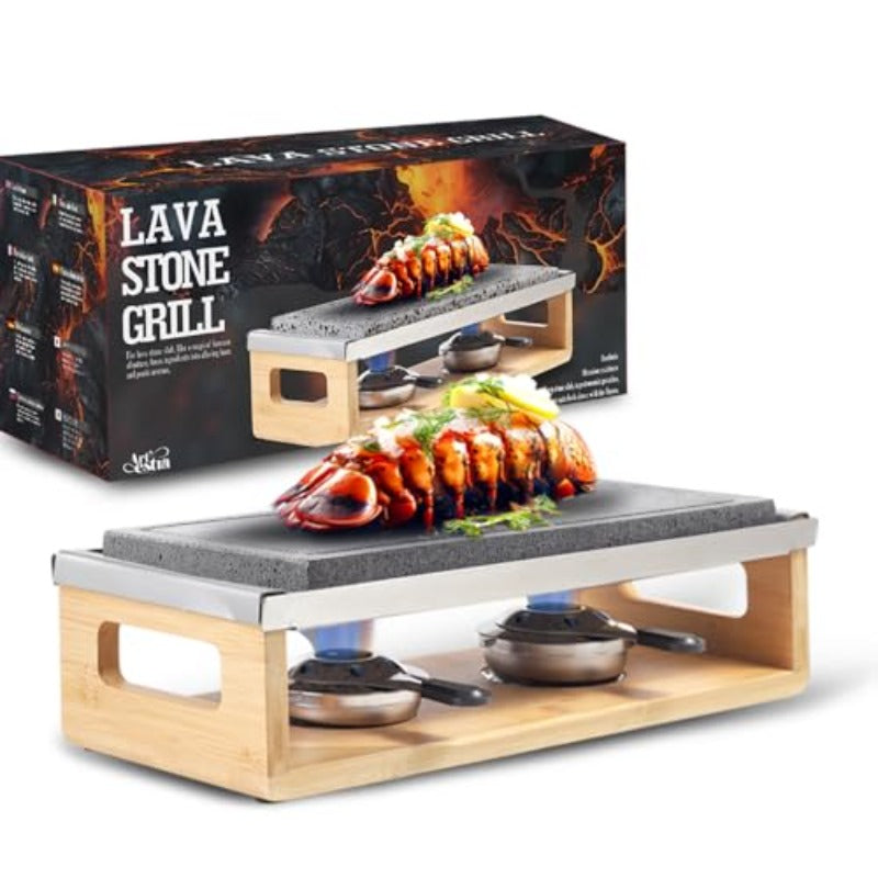Artestia Volcanic Stone Grill | Smokeless BBQ Grill with Bamboo Stand, Fast-Heating Natural Volcanic Stone Cookstones, Ideal for Dinner & Family Entertainment, Dual Grill Racks, 14.56" x 6.69"