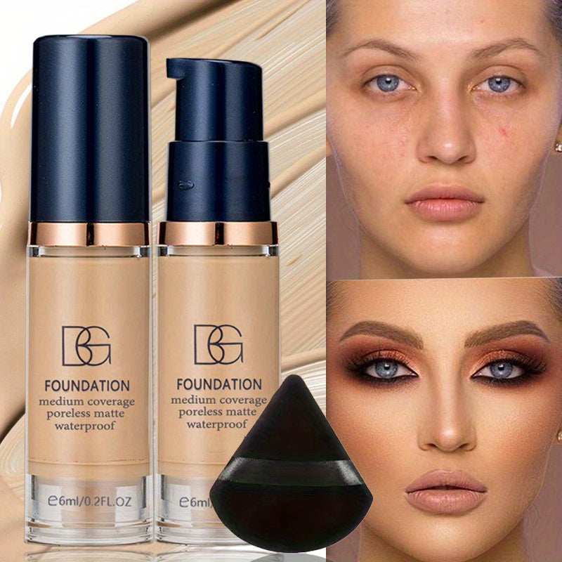 BEAUTY GLAZED全效遮瑕防水粉底液与粉扑套装——强效遮盖黑眼圈与瑕疵，适用于所有肤质（中性偏白），便携式全妆遮瑕